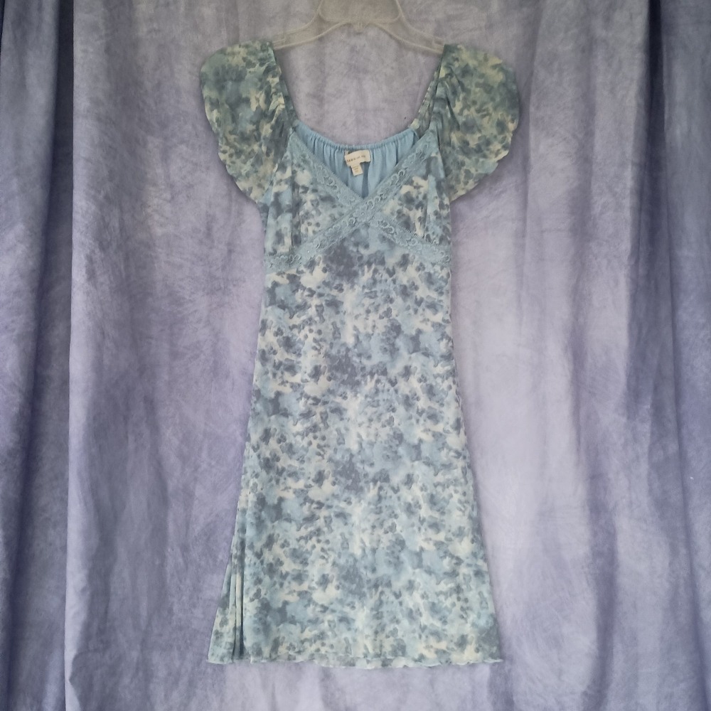 Monteau Los Angeles Floral Mesh Lace Mini Dress Blue Y2K